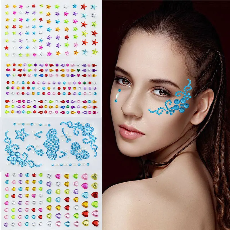 

3D Sexy Face Glitter Fake Tattoo Forehead Eyebrow Self Adhesive Acrylic Jewellery Diamond Rhinestone Party Colourful Face Makeup