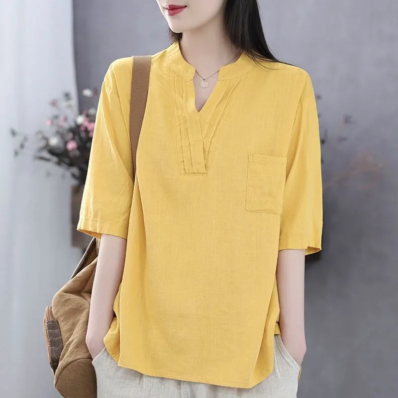

Spring Summer plus Size Women's Cotton Linen Short Sleeve T-Shirt V-Neck Base Shirt Retro Style Commute Fashion Loose Fit