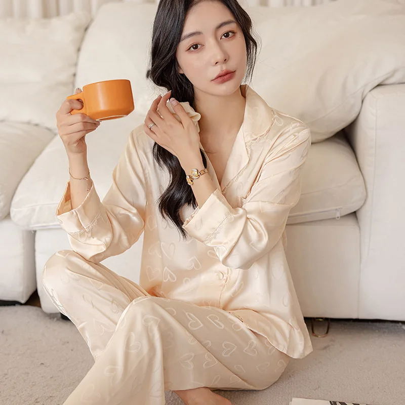 Silk Pajama Woman Pyjama-Sets Suit For Home 2024 Autumn Long Sleeve Trousers Nightie Pajama Lady Sleepwear Nighty Set