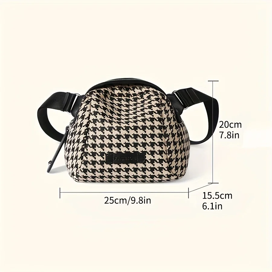 Versatile Houndstooth Canvas Bag for Women Adjustable Strap Secure Zip,Embroidered Detail Perfect for Travel Daily Use Chest Bag