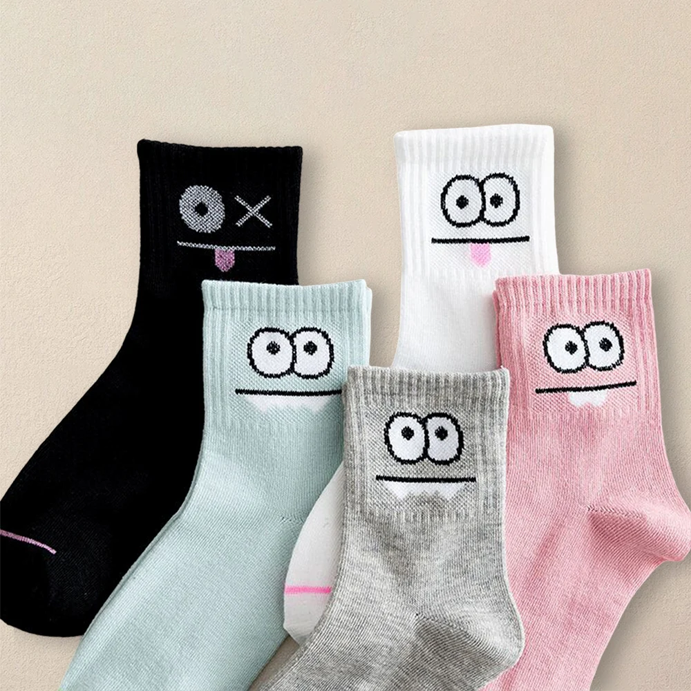 5 Pairs Women Cartoon Multi-color Eye Pattern Socks Fashionable Versatile Soft Socks Comfortable Lightweight Mid Length Socks