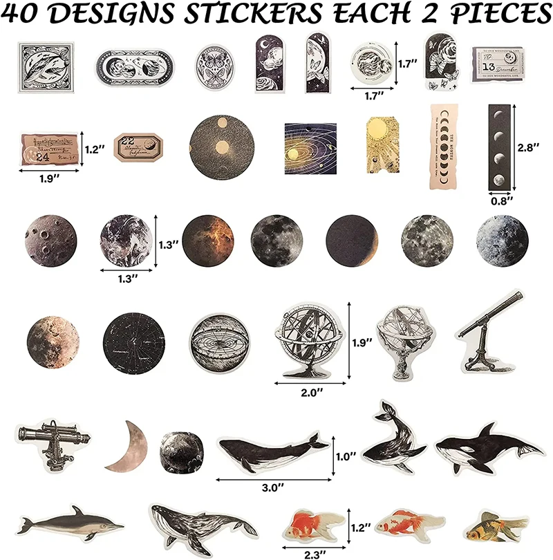 200PCS Vintage Scrapbooking Paper Kit Decorative Astrology Sun Moon Fish Washi Stickers Antique Embellishment Supplies for DIY