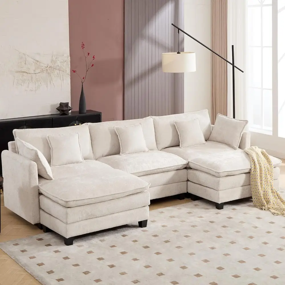 

U-Shaped Deep Seating Couch Set for Large Living Rooms, Pet-Friendly Chenille Fabric with Ottoman for Family Movie Nights