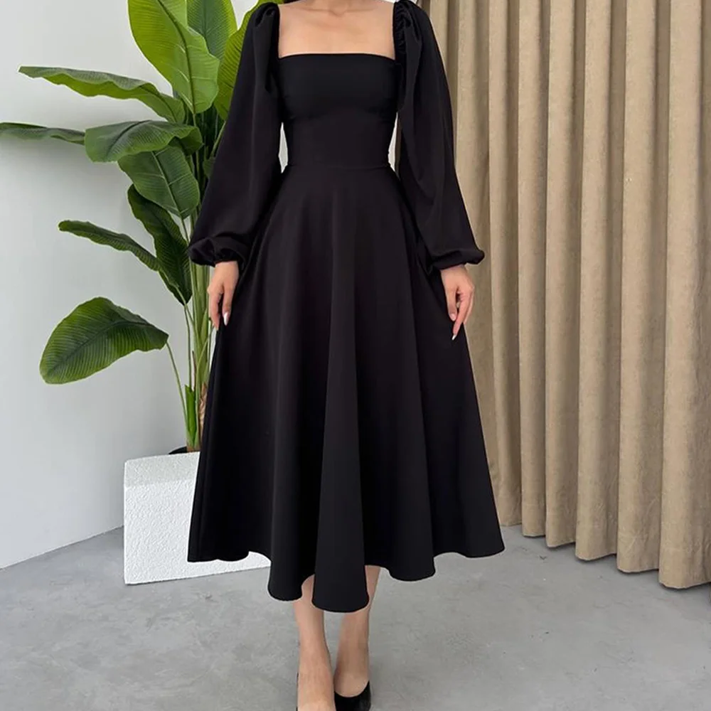 

High Quality A-Line Tea Length Square Neck Jersey Long Sleeves Evening Dress Elegant Photo Color فساتين سهره نسائيه فخمة