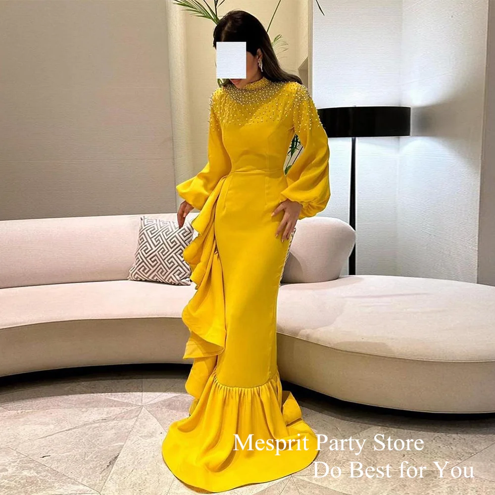 Yellow Mermaid Prom Dress High Neck Lantern Sleeves Beading Pearls Sweep Train Ruffles Trumpet Evening Gown for Saudi Arabian