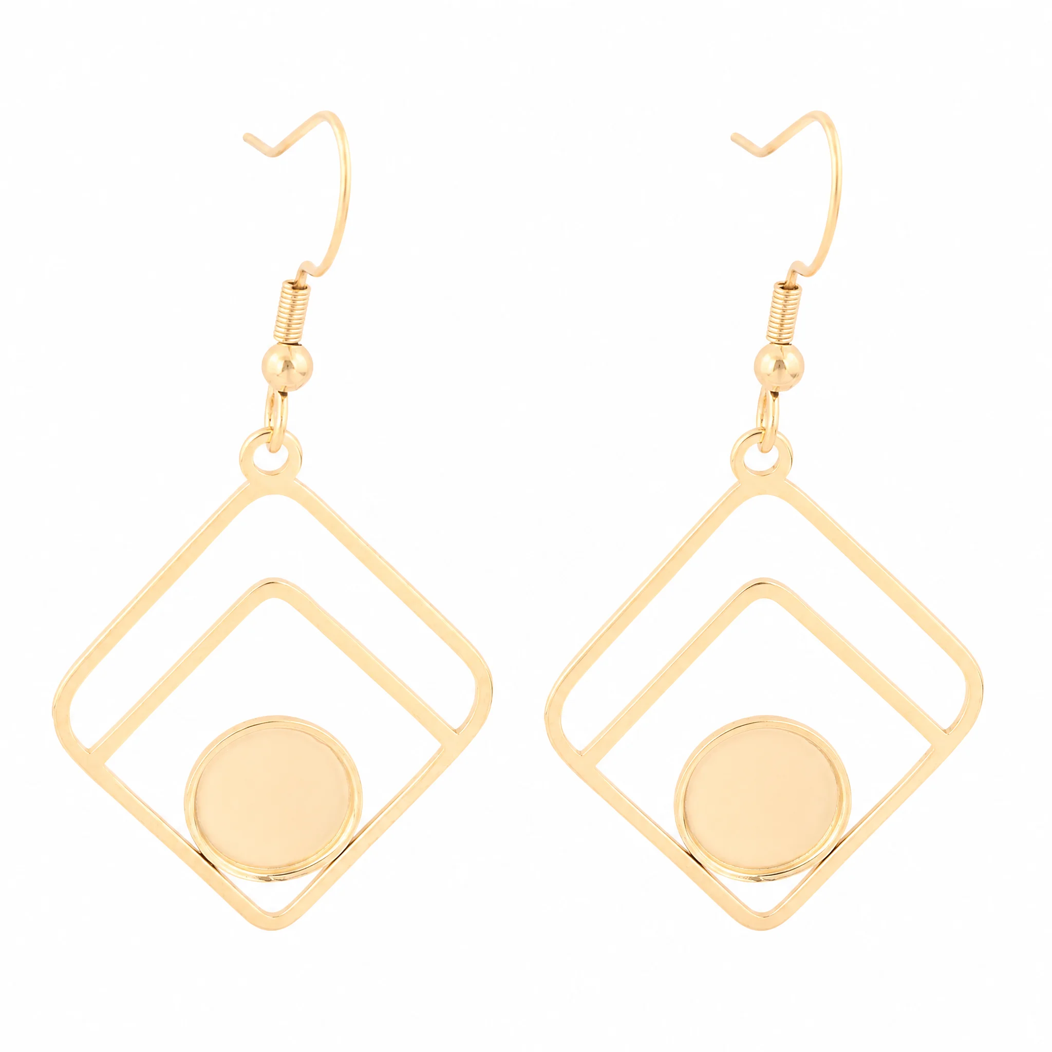 6pcs Stainless Steel Gold Plated Double Square Frame Earring Base Blanks Fit 9mm Cabochon Bezel Setting Trays Diy Hooks Findings