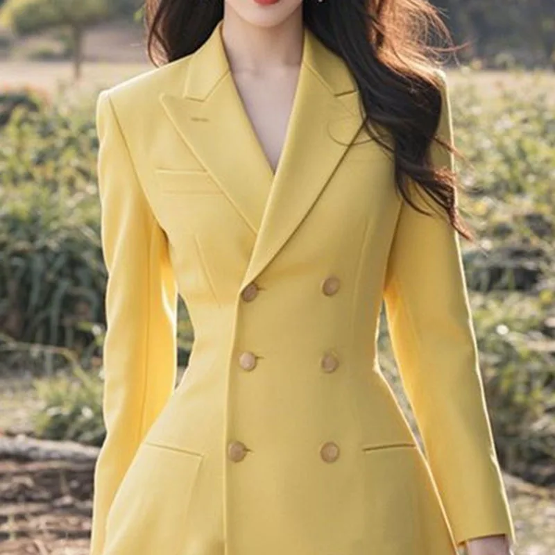 

Women’s Dress 2026 Spring Autumn Fashion Design Yellow Unique Goddess Small Fragrant Style Wind Waist Double-breasted Dresses