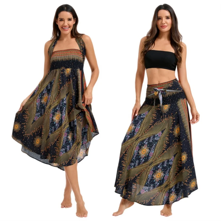 Damen Boho-Kleid aus Rayon, Atmungsaktiv, Weich, Sommerliches Bohemian Langes Kleid, Strandkleidung, Urlaub, Elastische Taille, Bandage-Neckholder, Hippie-Kleid – Detail 8