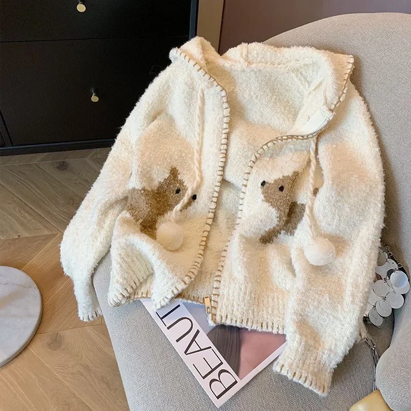 

Cute Dog Pattern Hooded Knitted Jacket 2024 Women's Autumn/Winter Sweater knitted cardigan korean fashion