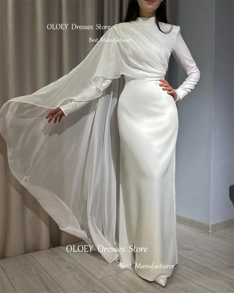 OLOEY Modest White Silk Soft Satin Muslim Arabic Women Evening Dresses Long Sleeves High Neck Vintage Simple Wedding Party Dress