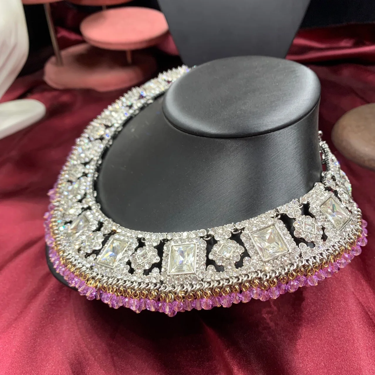Rhinestone Collar Choker Necklace Women Silver Tone Square Crystal Statement Necklace Purple Bead Tassel  Wedding Party Jewelry