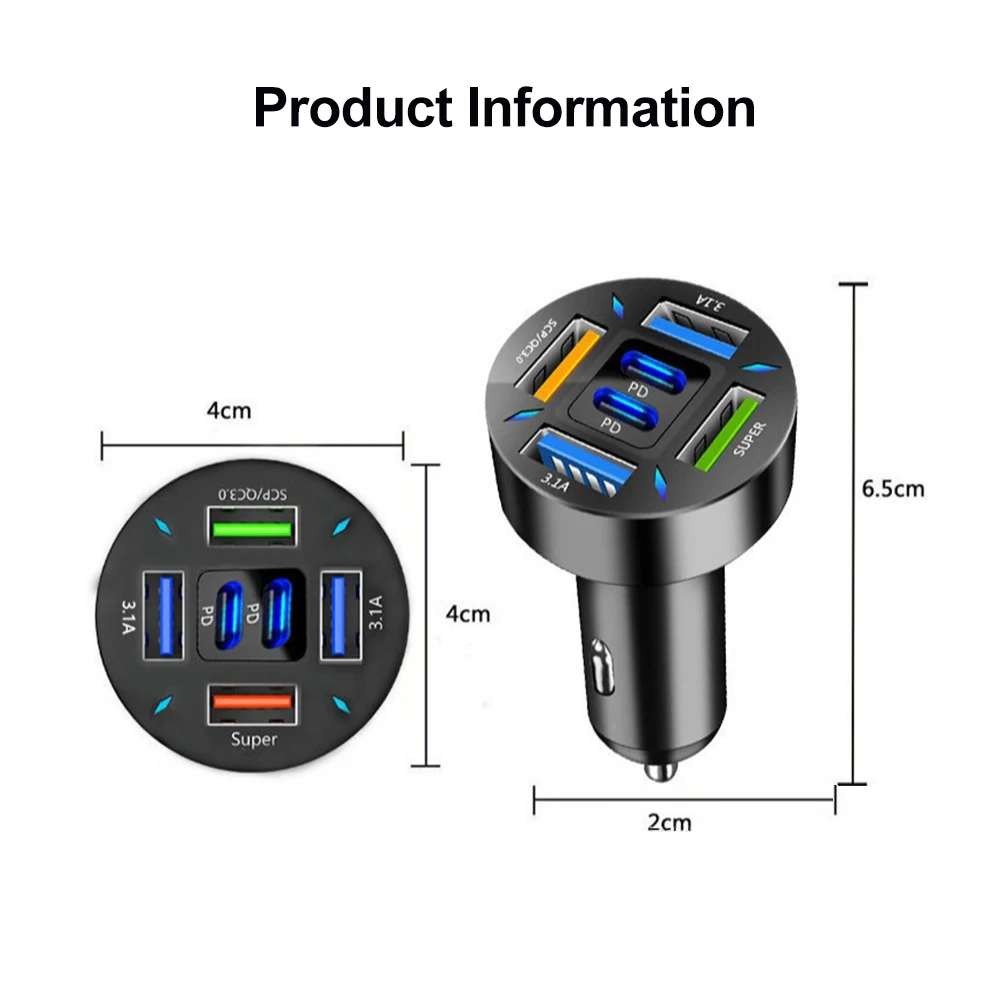 شاحن سيارة ولاعة سجائر ، 66 واط ، 4 USB ، 2 PD شحن سريع ، 6 منافذ ، مقبس طاقة ، مناسب لهاتف آيفون 11 ، شاومي ، سامبونج