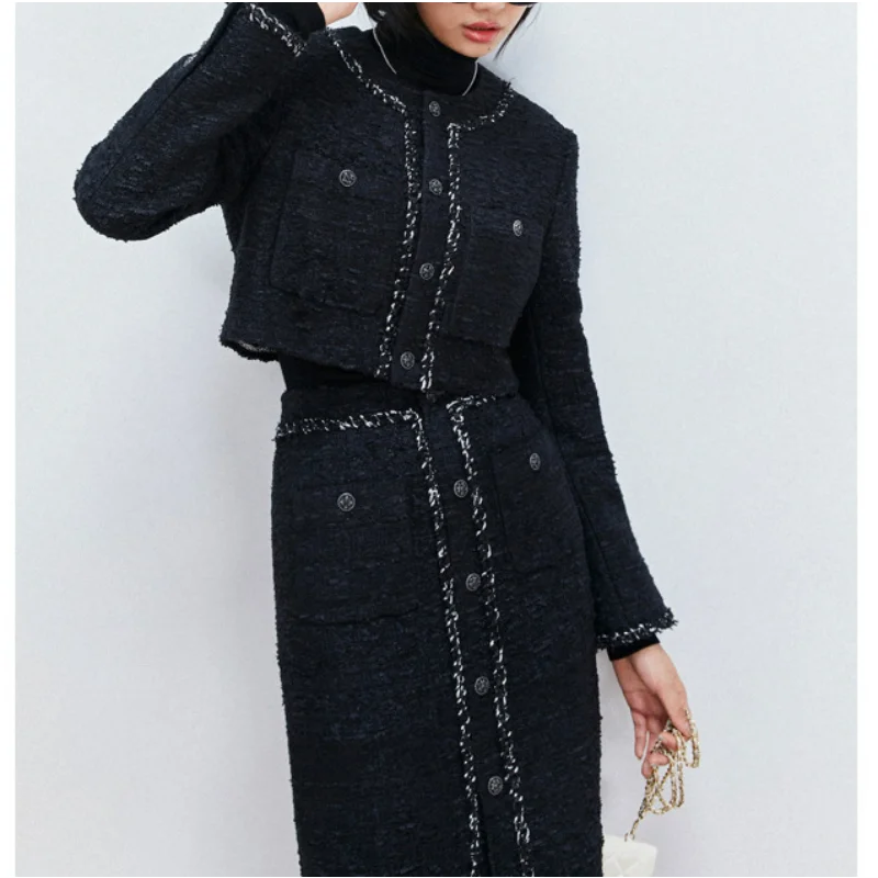 Autumn Retro Short Coats Tweed Midi Cover Hip Skirts Two-Piece Set Spring Women's Wear Skorts Slit Fashion Suit Tops Wool Blend