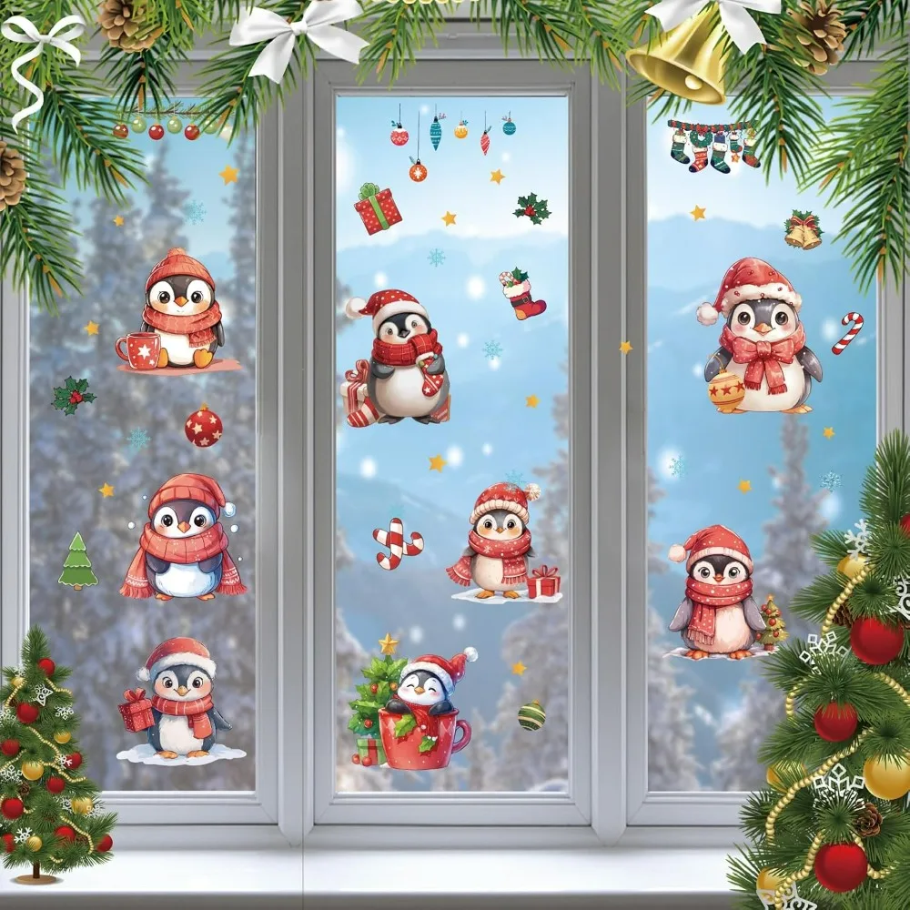 8 Styles Christmas Penguin Window Sticker Winter Gifts Xmas Tree Red Scarf Jingle Bell Decorative Ball Party Supplies