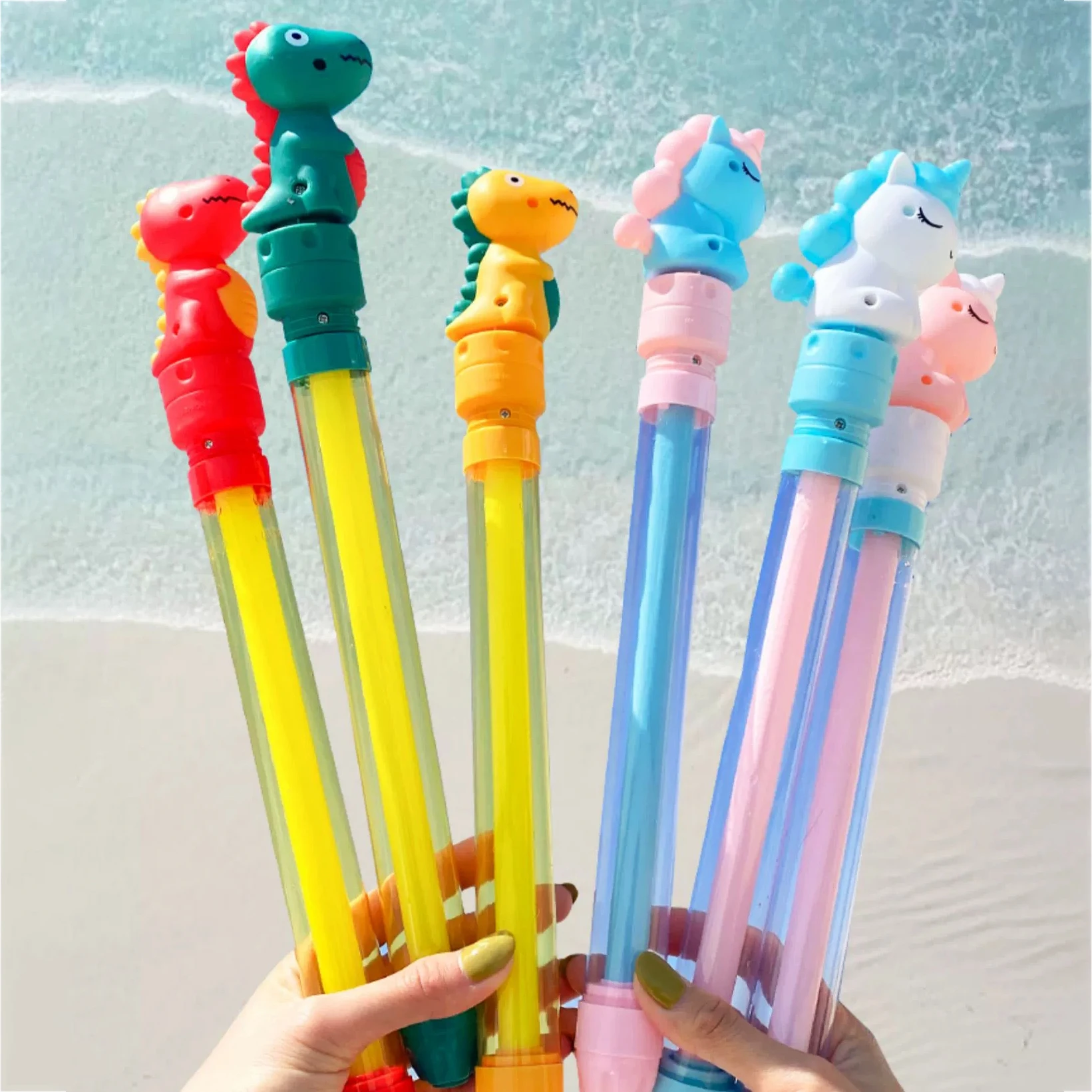 Kids Pull-out Water Gun Toy Cute Cartoon Dinosaur Straight Tube Water Cannon Outdoor Beach Water Battle Props for Boys and Girls