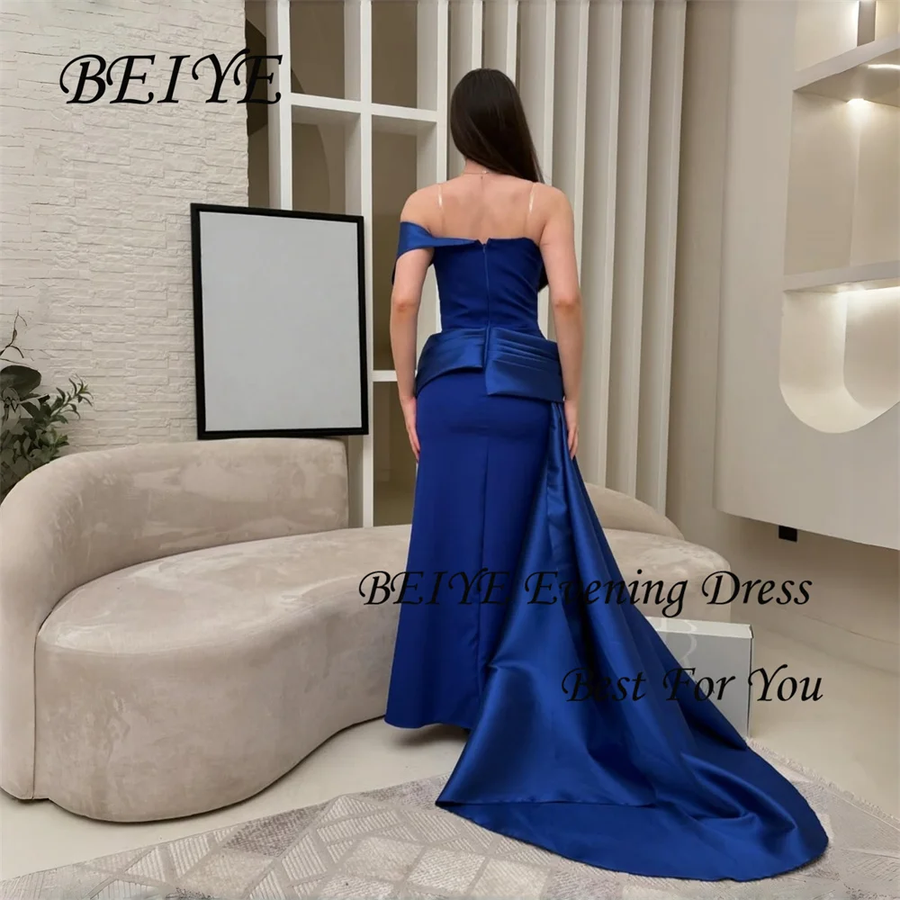 BEIYE Nowoczesne Niebieskie Sukienki Wieczorowe Bez Ramiączek Odkryte Ramiona Satynowa Suknia Formalna na Przyjęcie Szyta na Miarę فساتين سهرات