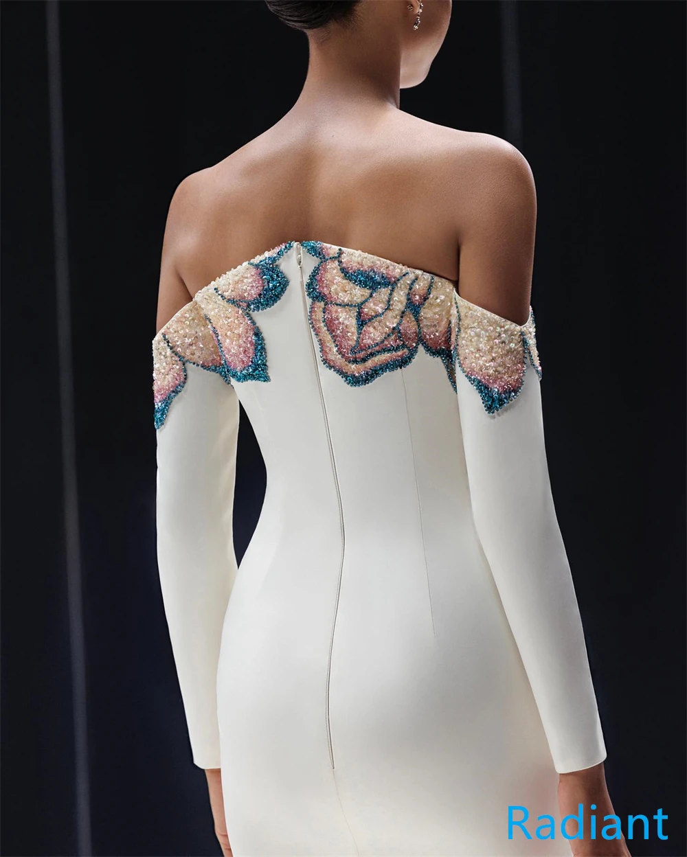 Aangepaste prachtige witte jersey avondjurk boothals uit de schouder lange mouwen beroemdheidsjurken bruidsfeest applicaties