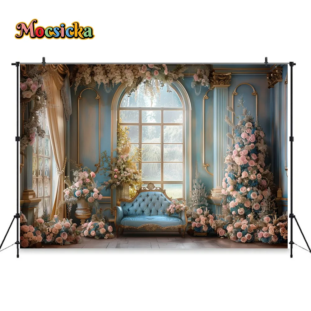 Fondo de fotografía de habitación de flores clásicas para mujeres de maternidad, cortina de ventana de árbol de Navidad rosa, telón de sofá, fotos artísticas