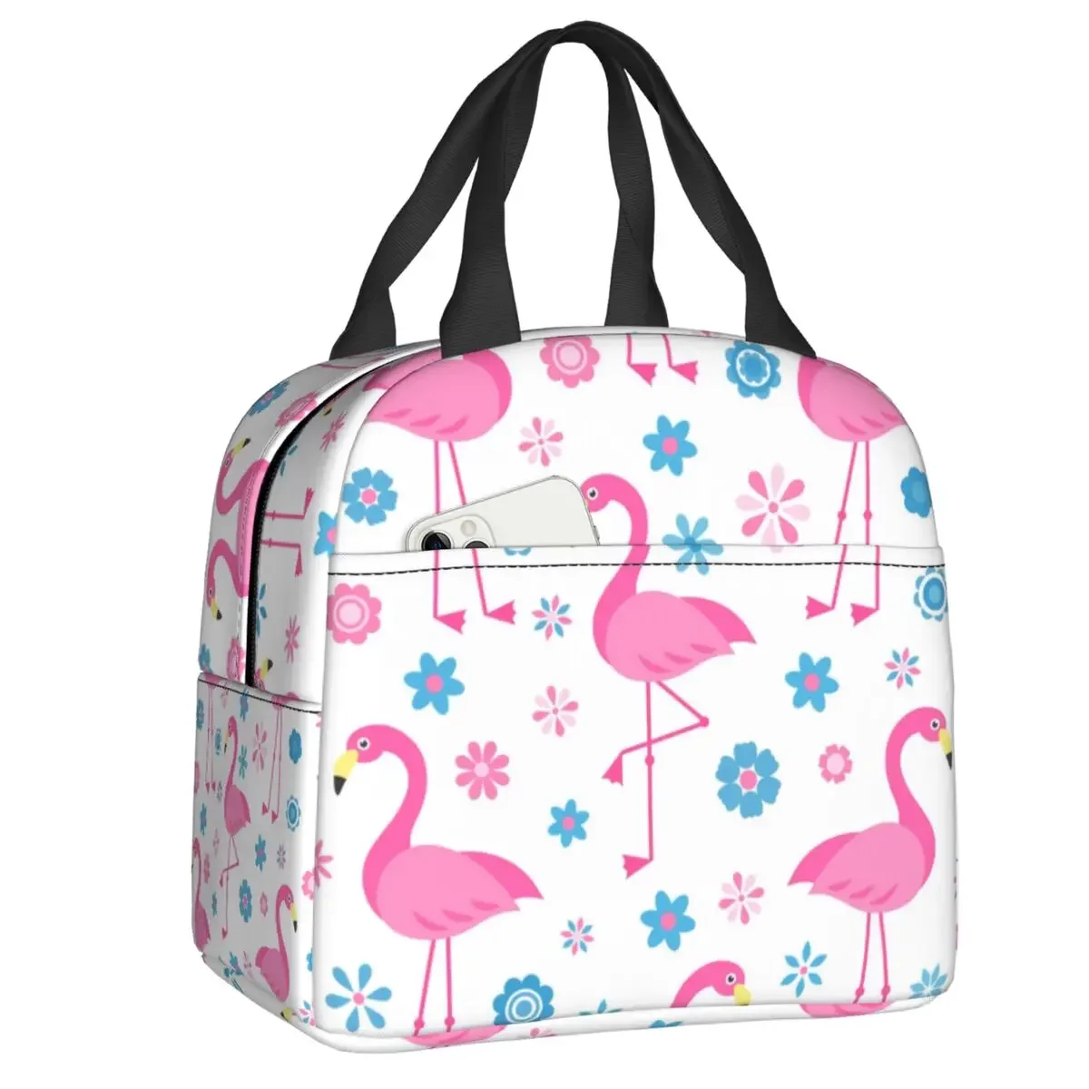 

Seamless Pattern With Flamingo Insulated Lunch Bag for Work birds and flowers Leakproof Food Thermal Cooler Lunch Box Women