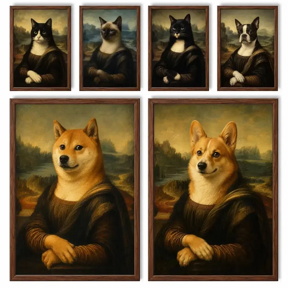 Funny Renaissance Pet Parody Mona Lisa Cat Dog Parody Poster Self-adhesive Waterproof Paper Sticker Wall Decor