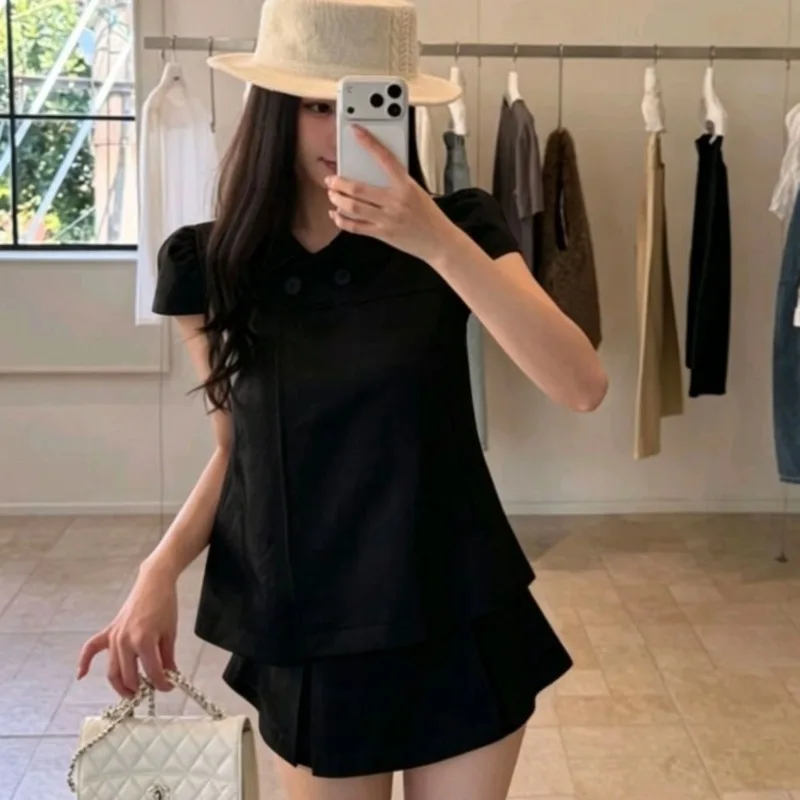 Korean Female Spot Suit Slim-fitting Short-sleeved Shirt Culottes Summer Age Reduction Good-looking Two-piece Set Slim Doll Top