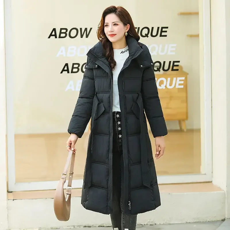 

Зимняя модная женская пуховая хлопковая куртка 2025 года, свободные длинные парки с ремешком для поездок на работу