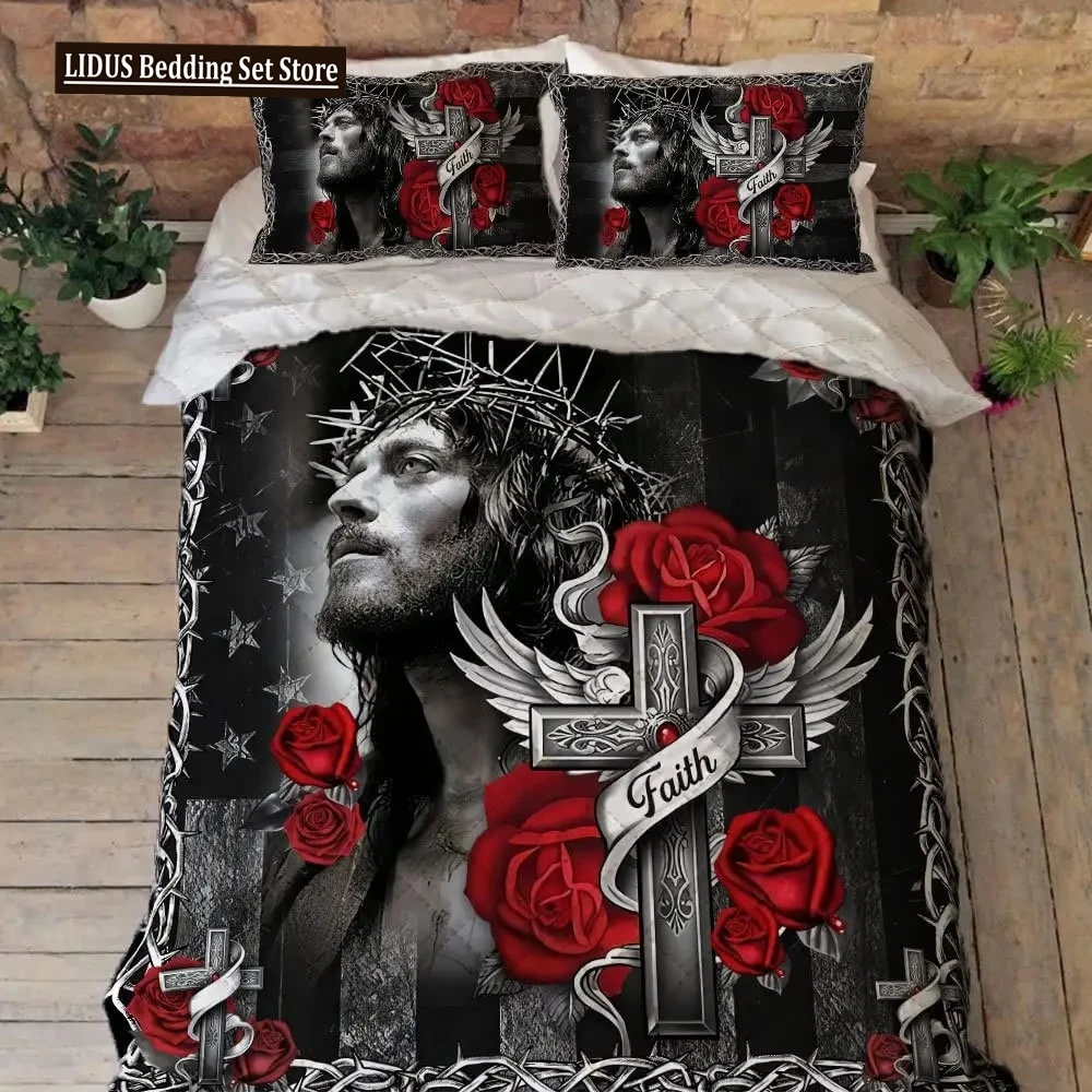 

Christian Cross Jesus Duvet Cover Set Faith Over Fear Bedding Set 3D All Over Religion Comforter Cover Set Quilt Cover King Size