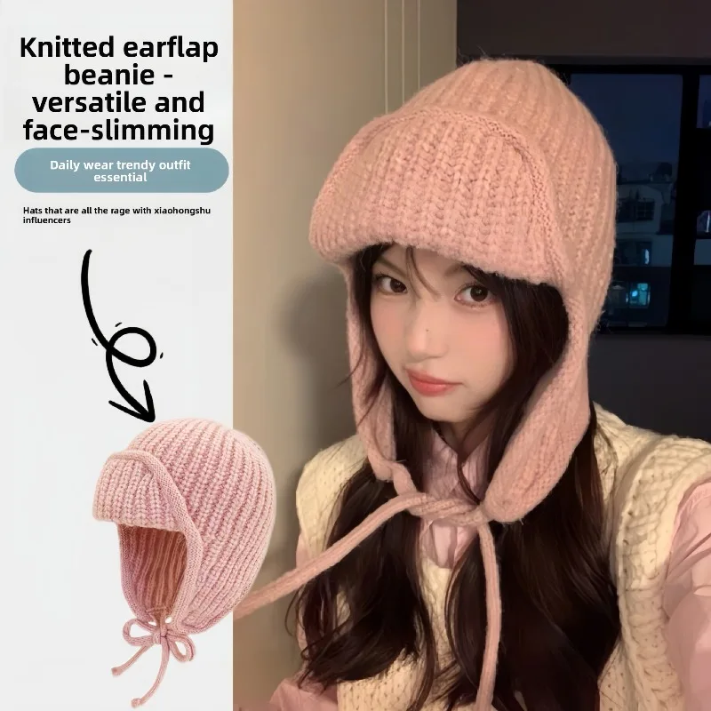 Autumn Winter Extended Ear Protection Wool Hat Women Cycling Lace Up Cold Proof Warm Face Show Fashion Soft Cozy Thickened