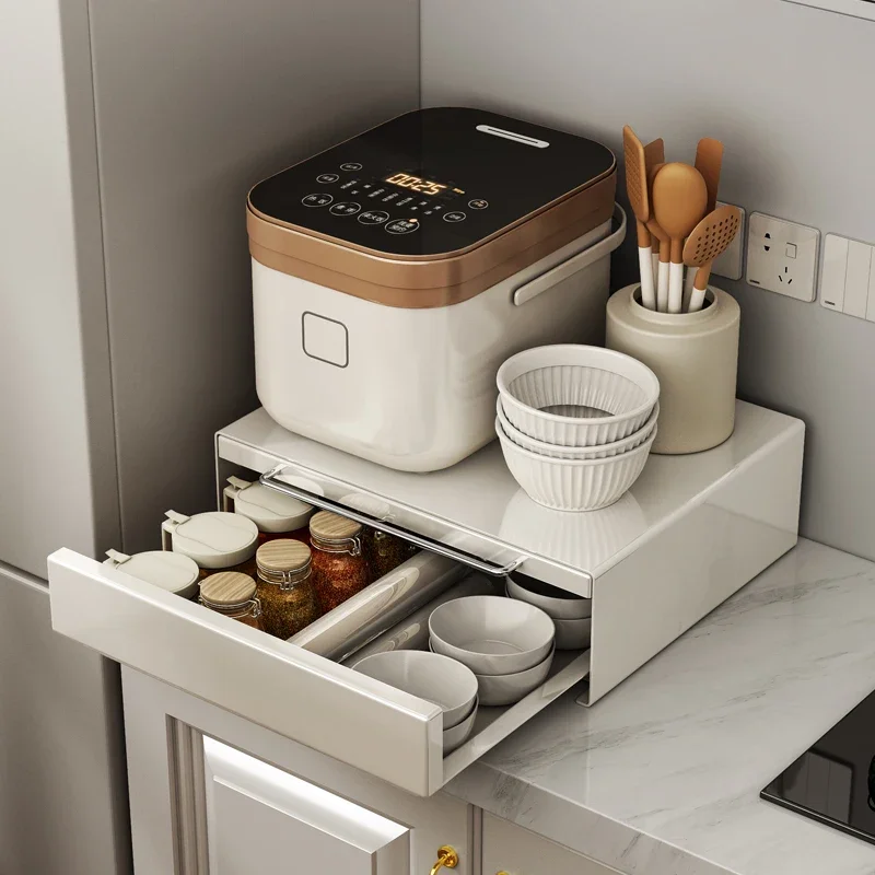 Metal Kitchen Storage Rack Anti-Pest Microwave Shelf Double Drawer Countertop Organizer Dust-Proof Spice Storage Cabinet