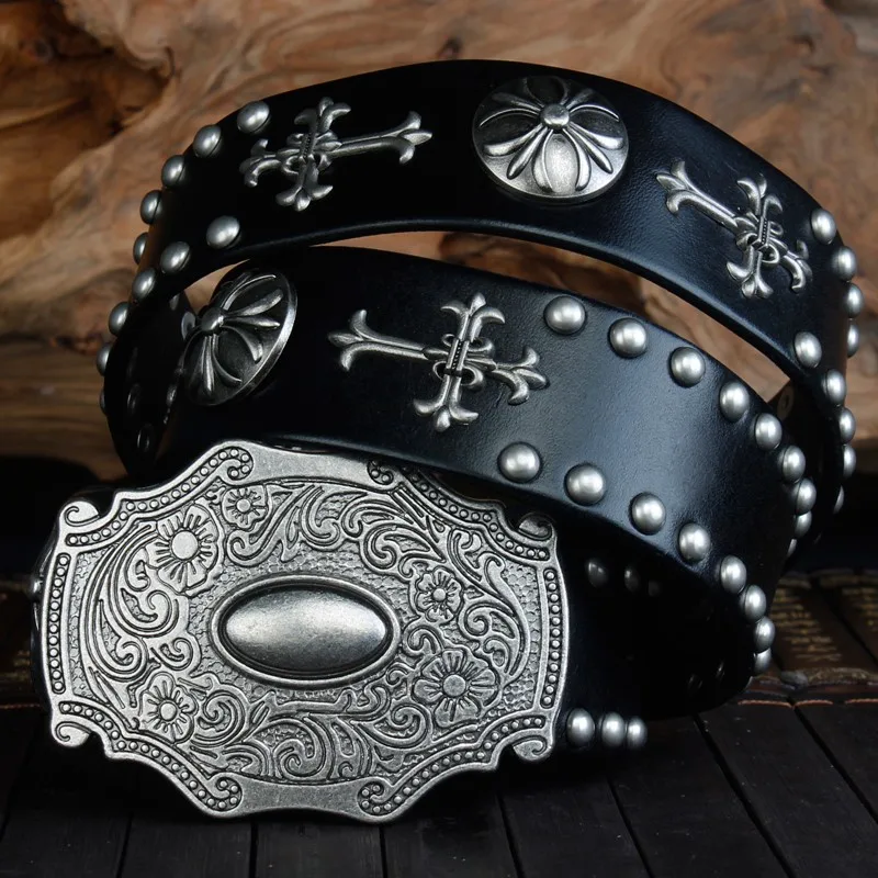 Retro Heavy Metal Rivets Men's Belt Harley Locomotive Rock Punk Style Personality Belt Extra Thick Genuine Leather Jeans Belt