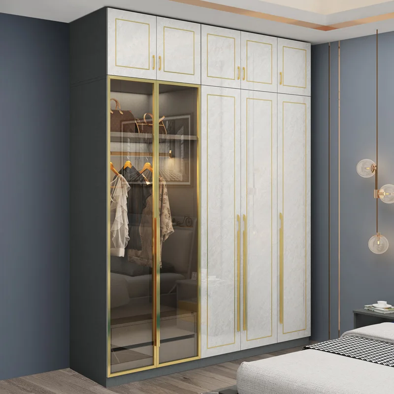 Modern design white wardrobe wooden 3 door cabinet closet aluminum frame glass door wardrobe bedroom furniture