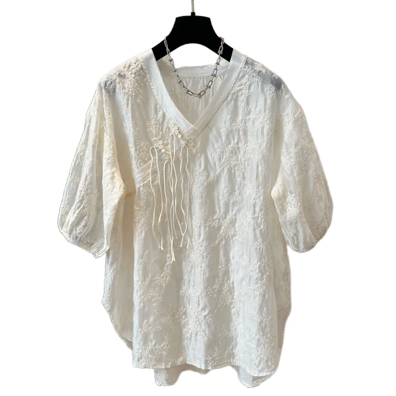 2024 Summer New Blouse Women Lace Short Sleeve Tops V Neck Embroidery Loose Elegant Shirt Solid Color Casual Blouses