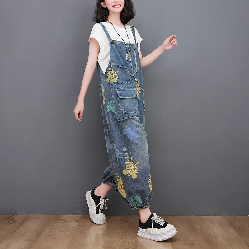 Denim overalls new Loose leisure fashion printed suspenders women fashion design