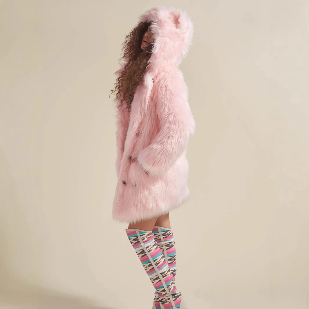 الحلو الوردي المرأة الشتاء فرو المنك سترة واحدة الصدر مقنعين الدب الأذن طويلة فو الفراء معطف لسيدة شيك الإناث الفراء أسفل معطف #4