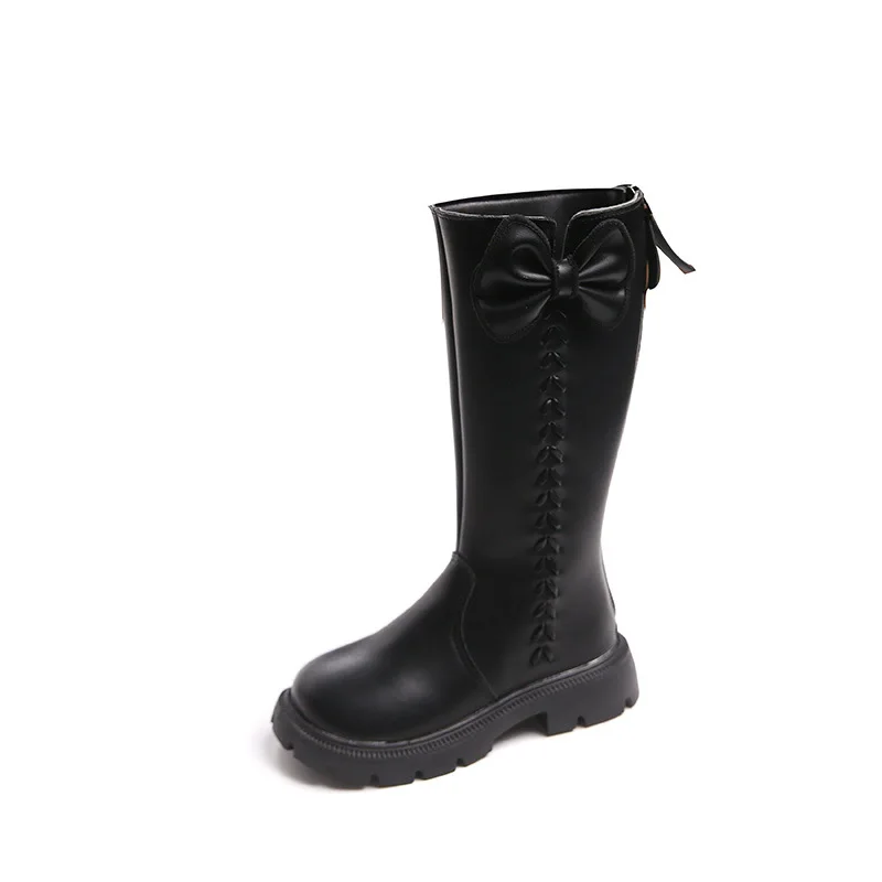 Girls Knee-high Boots Princess Bow-tie Design Single Leather Boots Children Autumn Winter Warm Velvet Shoes