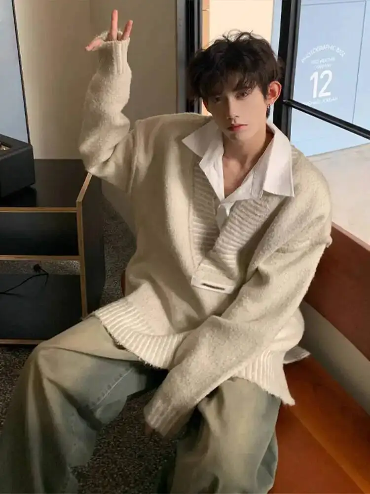 Man Sweater Knitting Men's Apricot V Neck Sweater Vintage Lazy Style Low Cut Outerwear Premium Couple Knitwear