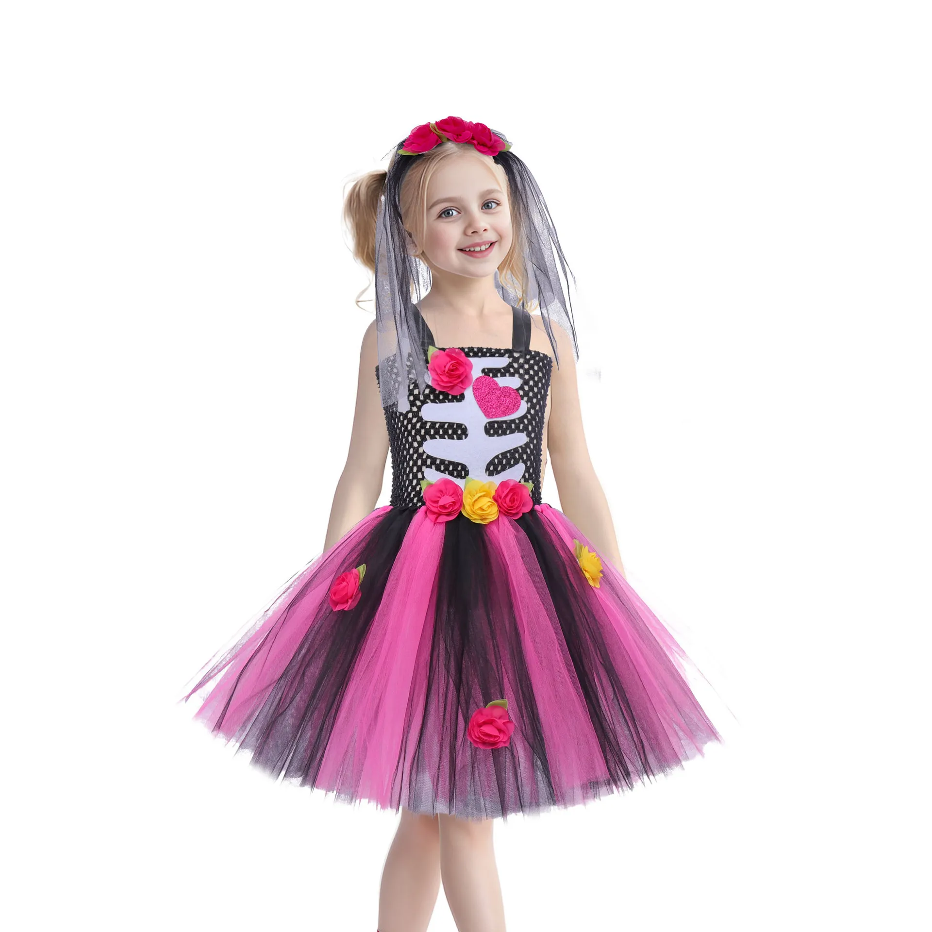 Grils Zombie Bride Dress Children Love Skeleton Performance Costume Halloween Terrifying Skull Banshee Princess Fluffy Skirt