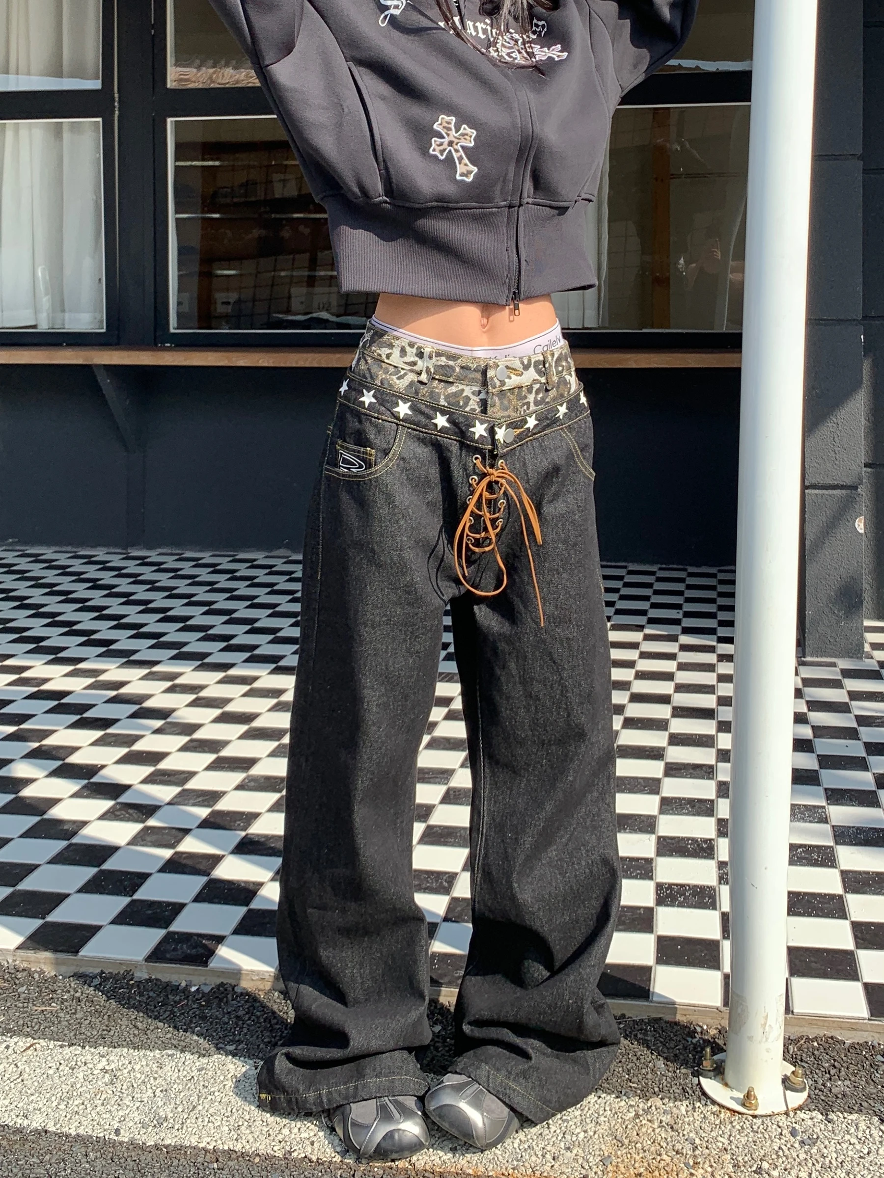 

Джинсы женские Muziyang Original с леопардовым принтом, с высокой талией, двойным поясом, прямые, из хлопка, неэластичные, повседневные