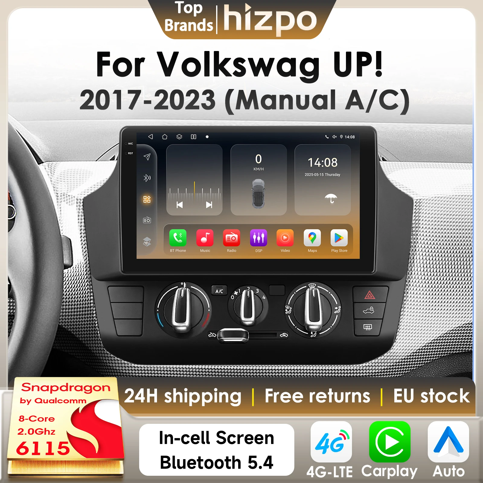 Hizpo Android 14 Autoradio für Volkswagen UP 2017–2023, manueller A/C-Multimedia-Player, kabelloses CarPlay, 4G BT GPS von Snapdragon 6115