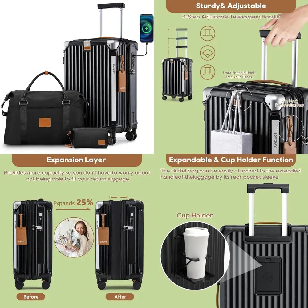 

Carry-On Luggage 20 with Expandable Capacity, Cup Holder, USB Port, Anti-Slip Wheels, and Handle for Smart Travel