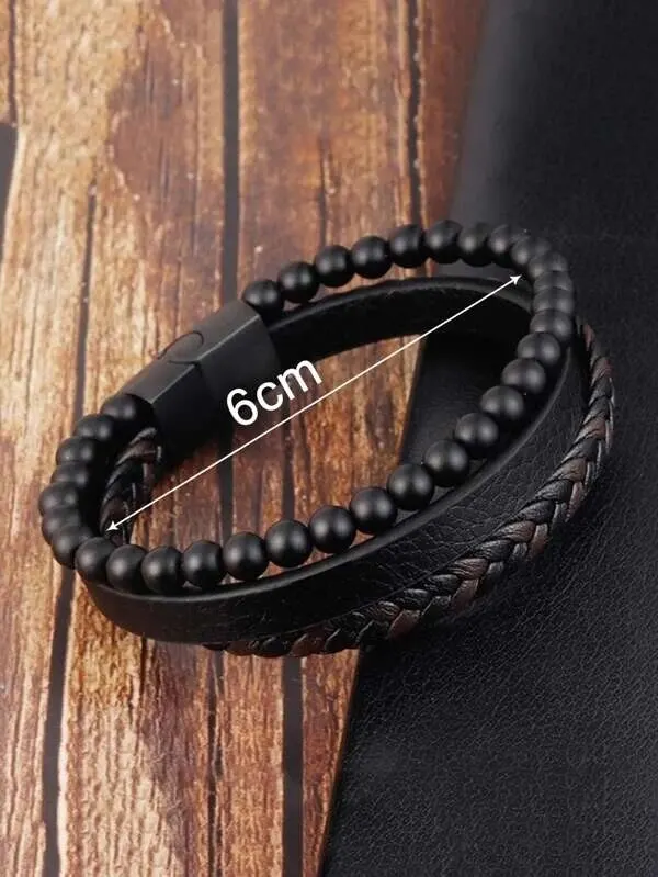 Men's Volcanic Stone & Tiger Eye PU Leather Three-Layer Bracelet