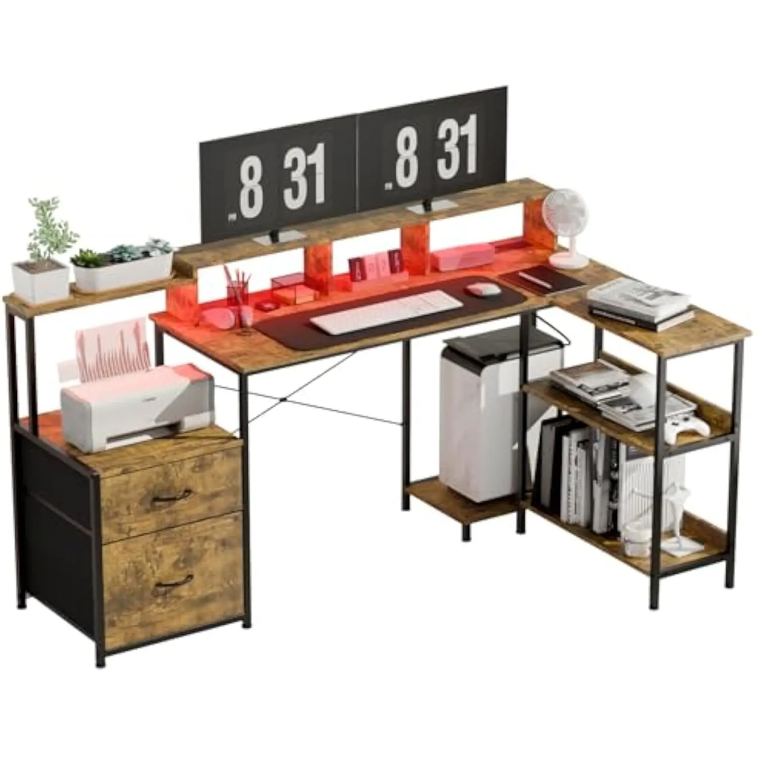 

L Shaped Gaming Desk with Drawers, 67 Inch Reversible Computer Desk with Led Lights, Work Desk with Power Outlet for Home Offic