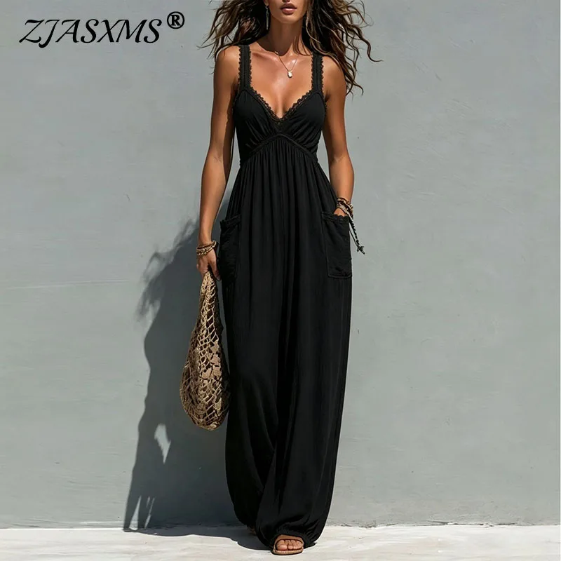 Summer With Pocket Casual Playsuit Women Boho High Waist Lace Spaghetti Strap Romper Beach Holiday Loose Wide Leg Pant Jumpsuits