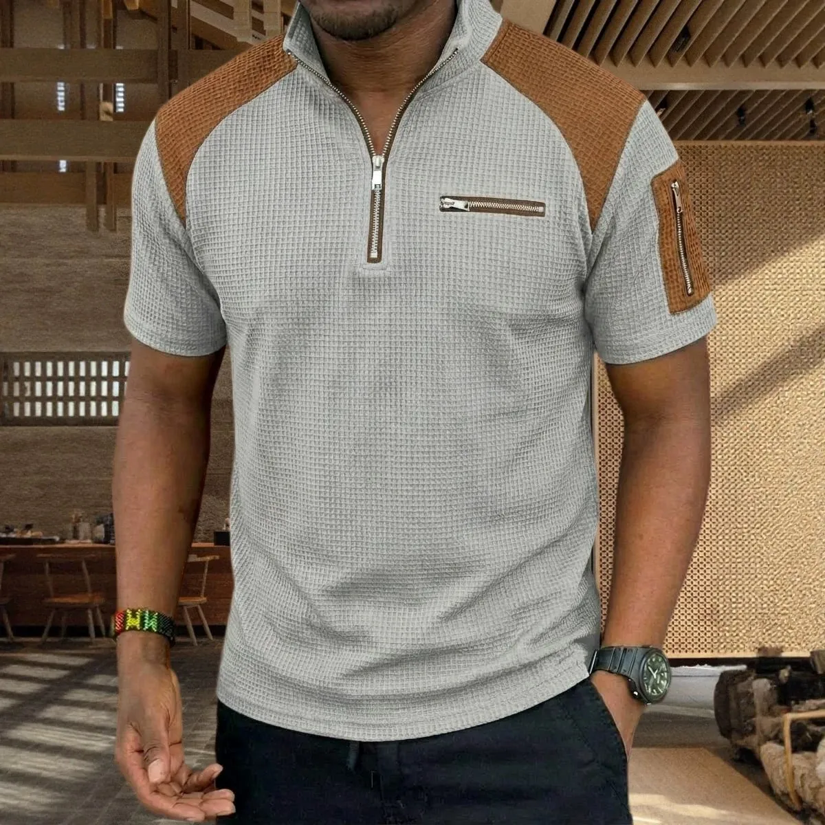 New summer men's retro check knit polo shirt- half-open short sleeves, breathable, form-fitting
