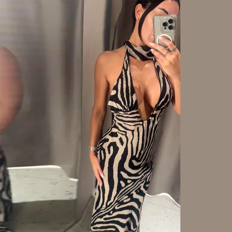 Zebra-Bedrucktes Neckholder-Maxikleid für Damen, Sexy, Ärmellos, Rückenfrei, Tailliert, Hüftbetont, Schlankes Abendkleid, Elegante Damenroben – Detail 18