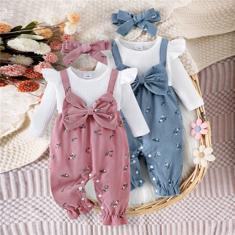 Nuevo otoño recién nacido niñas mameluco de manga larga estampado Floral falso dos piezas Patchwork arco monos y lindo conjunto de diadema