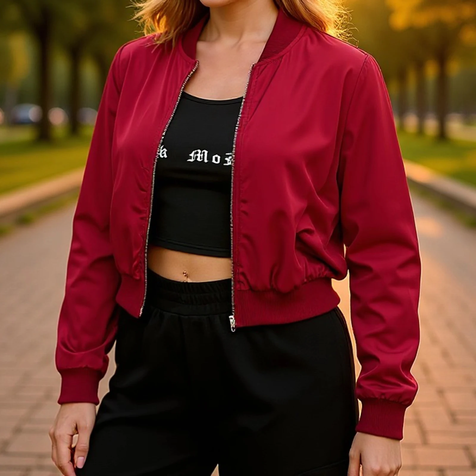 Lamuusaa Fall Bomber Jacket Women Clothing Solid Color Strand Collar Zipper Up Lightweight Coat 2000