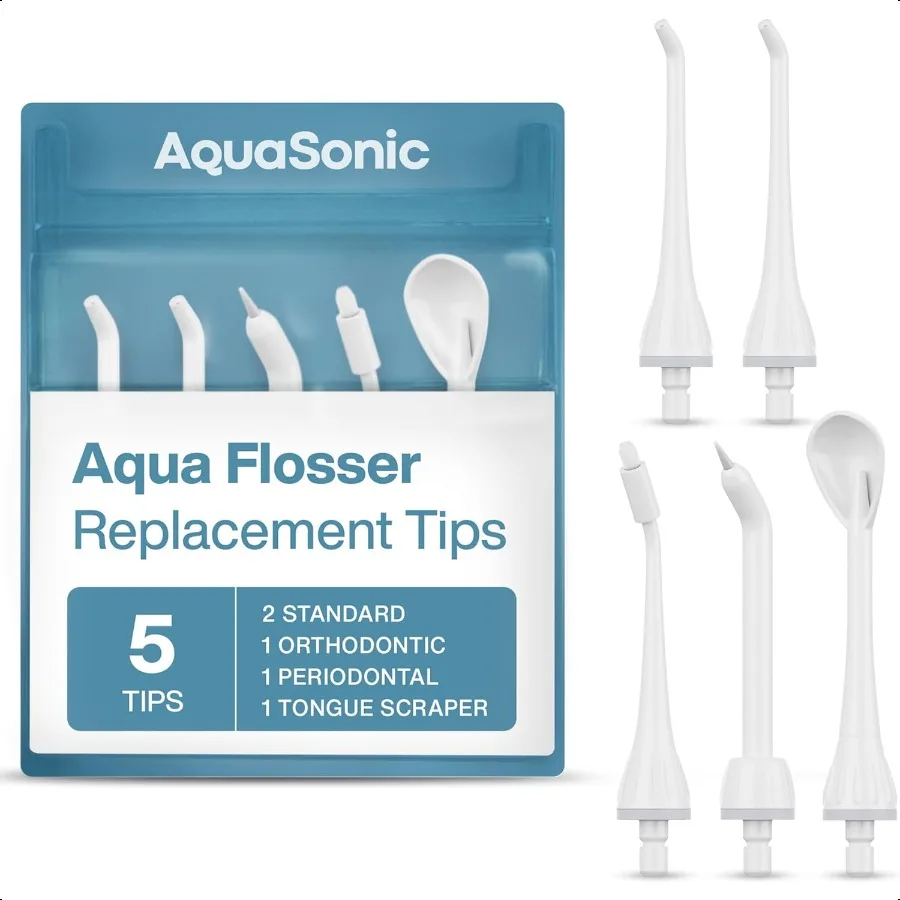 

Сменные насадки Aqua Flosser, 5 насадок, 4 типа: стандартный пародонтальный ортодонтический скребок для языка, оригинальные подлинные детали белого цвета
