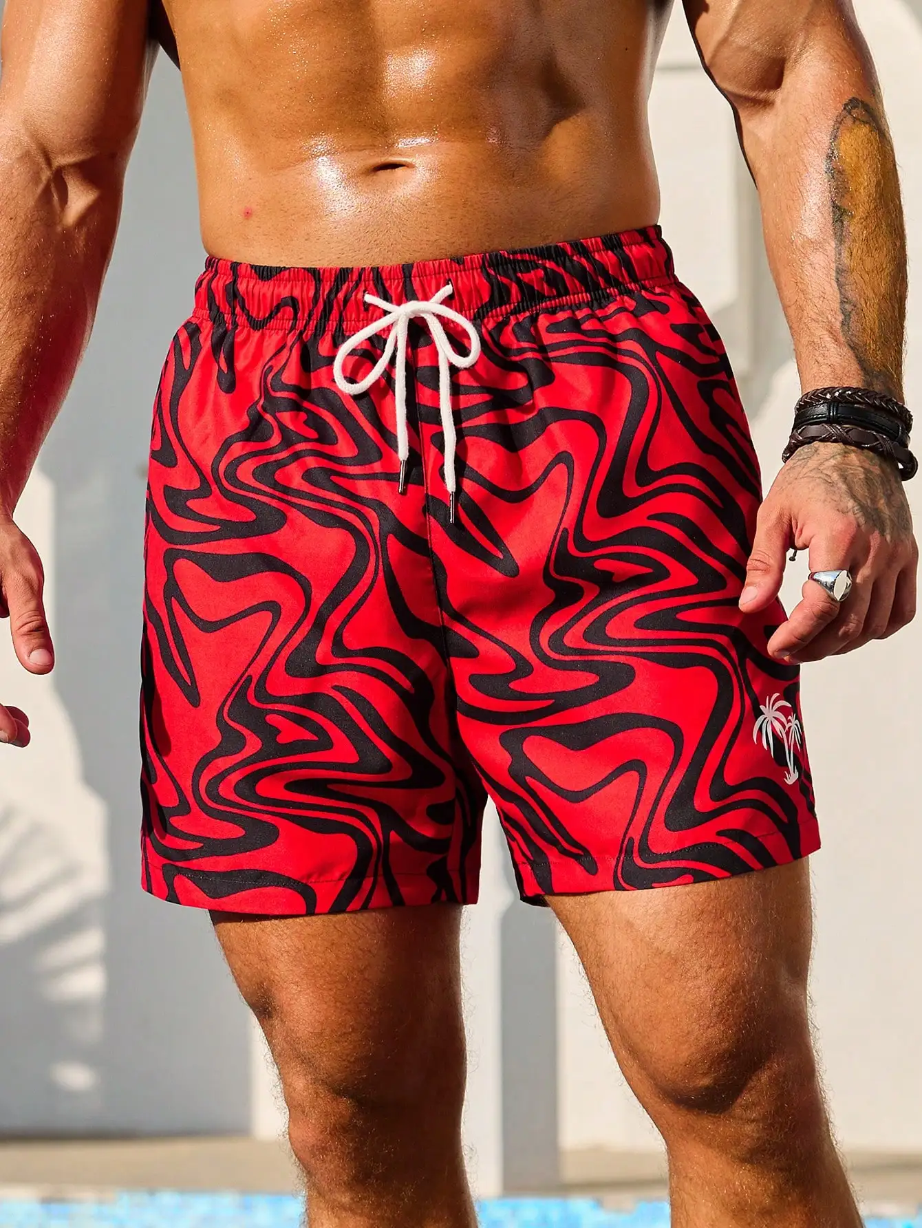 

Mens Abstract Fluid Print Drawstring Beach Shorts