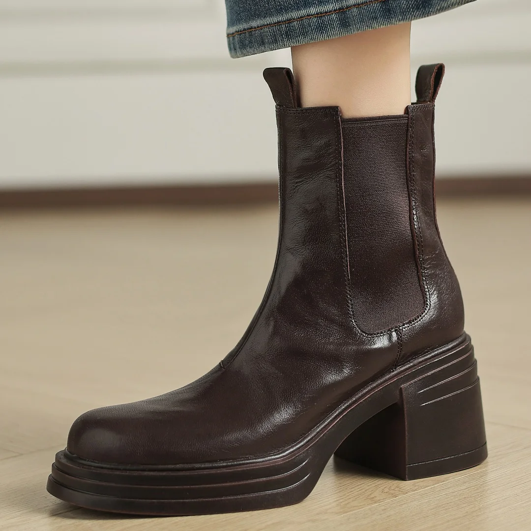 

Women's sheepskin elastic fabric patchwork slip-on autumn ankle Chelsea boots round toe 7.5cm chunky heel platform punk booties